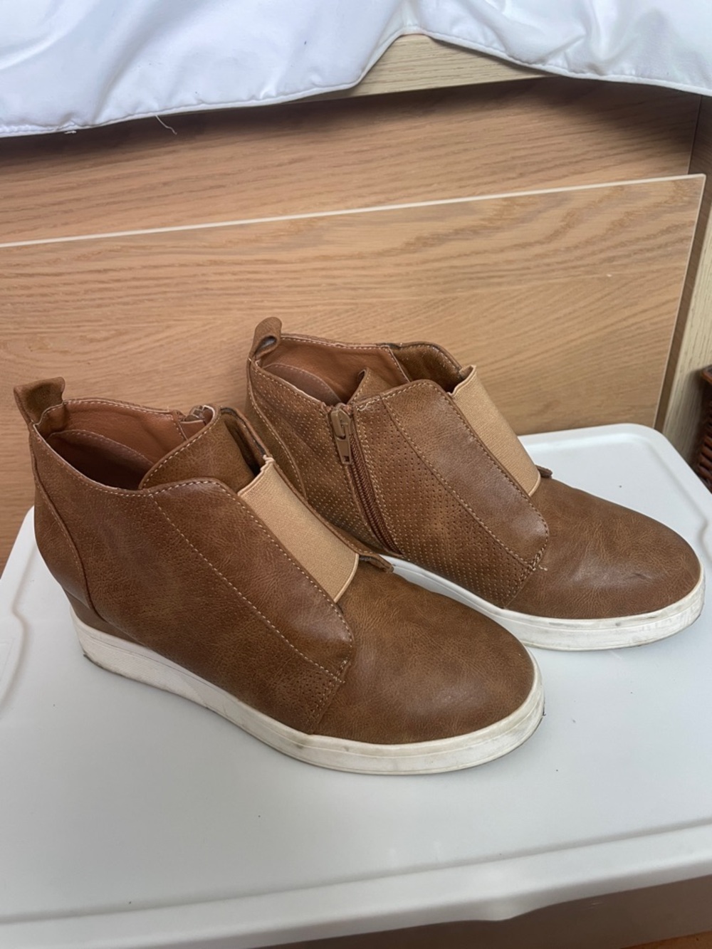 Women's Tan Wedge Sneakers with Elastic Panel